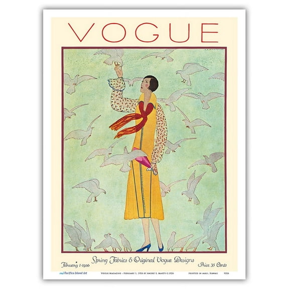 Fashion Magazine - February 1 1926 - Lady Feeding Flock of Birds - Vintage Magazine Cover by André E. Marty c.1926 - Master Art Print (Unframed) 9in x 12in
