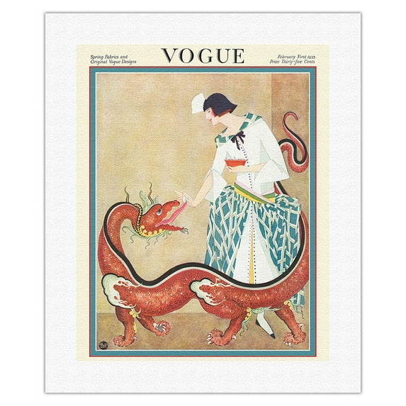 Fashion Magazine - February 1923 - Woman Feeding a Chinese Dragon - Vintage Magazine Cover by George Wolfe Plank c.1923 - Fine Art Rolled Canvas Print 16in x 20in