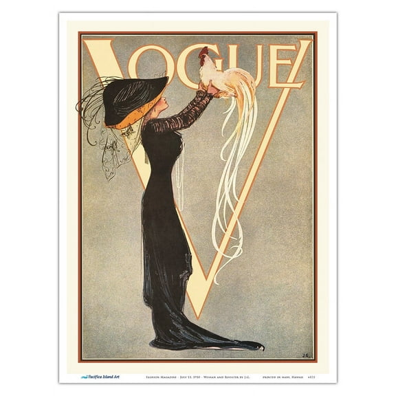 Fashion Magazine - July 15 1910 - Woman and Rooster - Vintage Magazine Cover by J.G. - Master Art Print (Unframed) 9in x 12in
