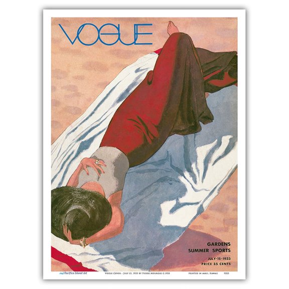 Fashion Magazine - July 15 1933 - Lady on Beach - Gardens Summer Sports - Vintage Magazine Cover by Pierre Mourgue c.1933 - Master Art Print (Unframed) 9in x 12in