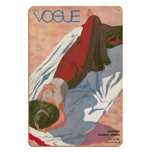 Fashion Magazine - July 15 1933 - Lady on Beach - Gardens Summer Sports - Vintage Magazine Cover by Pierre Mourgue c.1933 - 8 x 12 inch Vintage Wood Art Sign