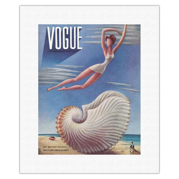 Fashion Magazine - July 1937 - Surreal Beach Fantasy - Vintage Magazine Cover by Miguel Covarrubias c.1937 - Fine Art Rolled Canvas Print 11in x 14in