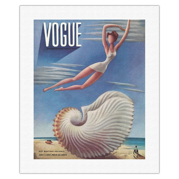 Fashion Magazine - July 1937 - Surreal Beach Fantasy - Vintage Magazine Cover by Miguel Covarrubias c.1937 - Fine Art Rolled Canvas Print 16in x 20in