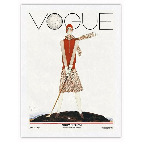 Fashion Magazine - July 20 1929 - Autum Forecast Tee Time - Vintage Magazine Cover by Georges Lepapes - Japanese Unryu Rice Paper Art Print 24 x 32 in