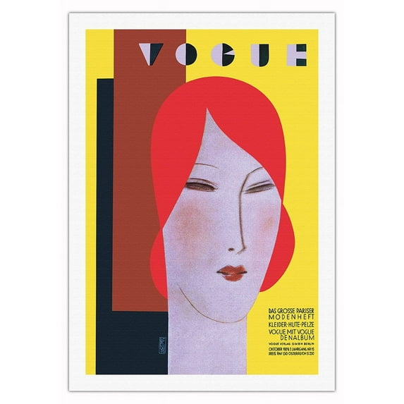 Fashion Magazine - October 1929 - Clothing Hats and Fur - Vintage Magazine Cover by Eduardo Garcia Benito - Fine Art Rolled Canvas Print 27in x 40in