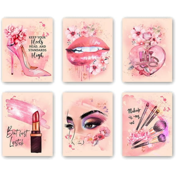 Fashion Makeup Art,Fashion Woman Picture Wall Decor Paintings,Makeup Room Canvas Wall Art,Watercolor Perfume High Heels Lipstick Beauty Room Decor Pictures Arts,Set of 6(8x10in,UNFRAMED
