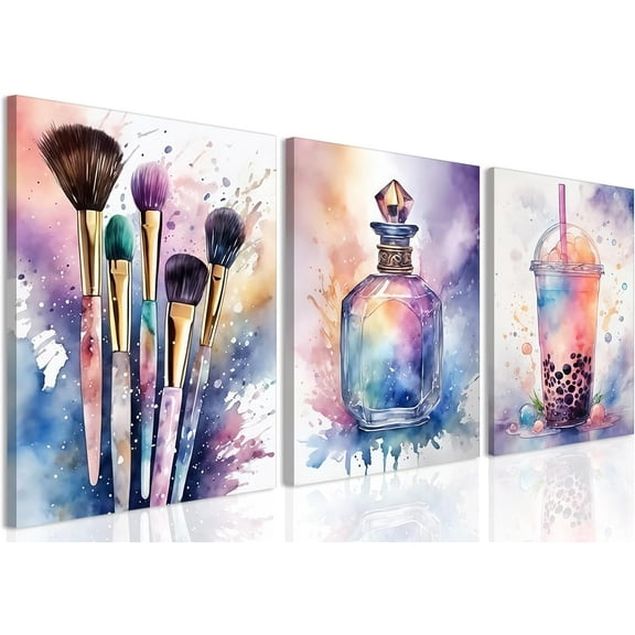 Fashion Makeup Canvas Wall Art Set of 3 - Pink Trendy Beauty Pictures Wall Decor, Sage Green Perfume Paintings, Makeup Brushes Earphone Prints for Teen Girls Bedroom Bathroom Dorm 12x16 inch Framed