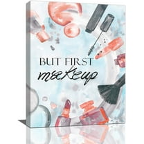 Fashion Makeup Decor Wall Art But First Makeup Sign Lipsticks Beauty Salon Blue Pictures Wall Decor Canvas Painting Prints Artwork Home Decor Framed for Women Girl Room Bathroom Bedroom 12"x16"