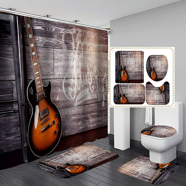 Fashion_Man 4 Piece Guitar Shower Curtain Set, Musical Notes Musical Instruments Headphones
