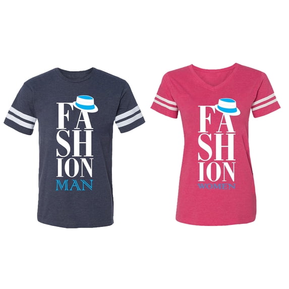 Fashion Man Woman Matching Couple Cotton Jerseys (Men Navy / Women Pink) (Men M / Women XL)