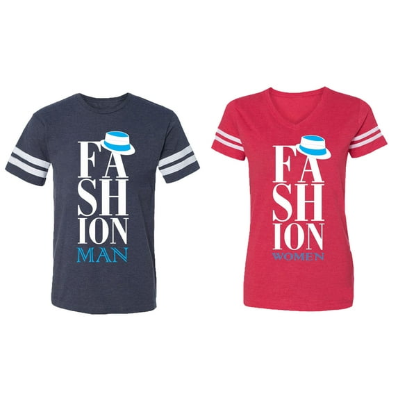 Fashion Man Woman Matching Couple Cotton Jerseys (Men Navy / Women Red) (Men M / Women M)