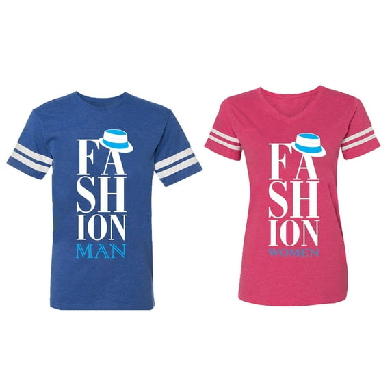 Fashion Man Woman Matching Couple Cotton Jerseys (Men Royal / Women Pink) (Men XL / Women XL)