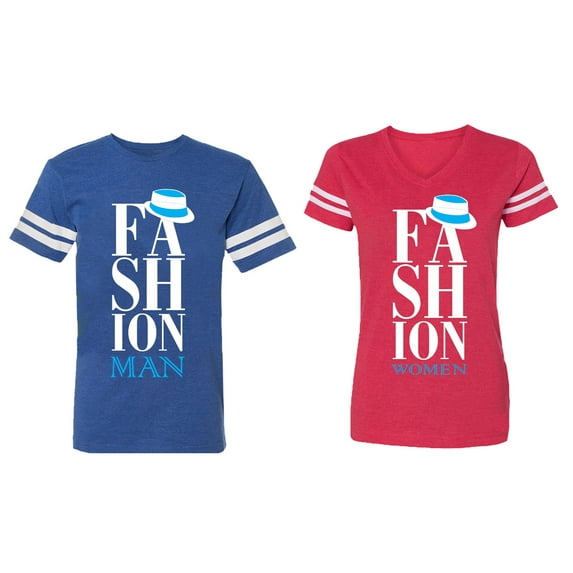 Fashion Man Woman Matching Couple Cotton Jerseys (Men Royal / Women Red) (Men S / Women XL)