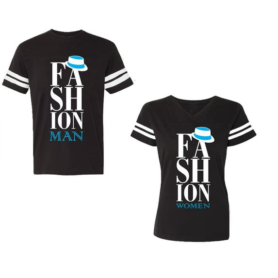 Fashion Man Woman Unisex Couple Matching Cotton Jersey style T-Shirt Contrasting stripes on sleeves (Men Black / Women Black) (Men L / Women XXL)