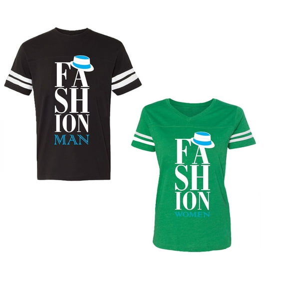 Fashion Man Woman Unisex Couple Matching Cotton Jersey style T-Shirt Contrasting stripes on sleeves (Men Black / Women Green) (Men S / Women XXL)