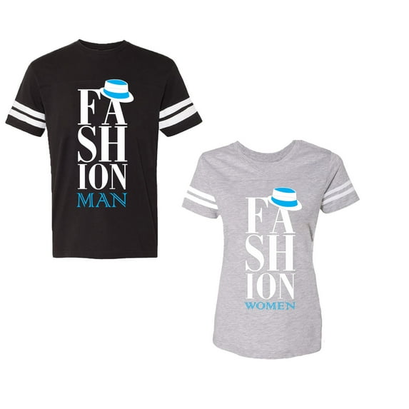 Fashion Man Woman Unisex Couple Matching Cotton Jersey style T-Shirt Contrasting stripes on sleeves (Men Black / Women Heather) (Men XXL / Women S)