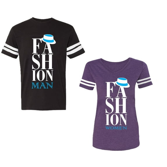 Fashion Man Woman Unisex Couple Matching Cotton Jersey style T-Shirt Contrasting stripes on sleeves (Men Black / Women Purple) (Men S / Women XXL)