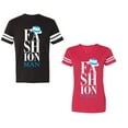 thumbnail image 1 of Fashion Man Woman Unisex Couple Matching Cotton Jersey style T-Shirt Contrasting stripes on sleeves (Men Black / Women Red) (Men L / Women L), 1 of 3