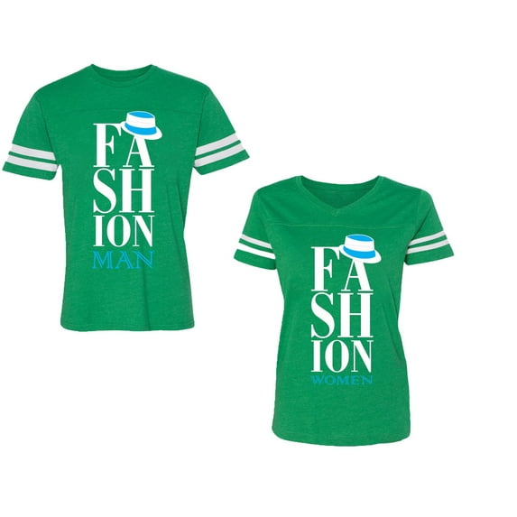 Fashion Man Woman Unisex Couple Matching Cotton Jersey style T-Shirt Contrasting stripes on sleeves (Men Green / Women Green) (Men L / Women L)