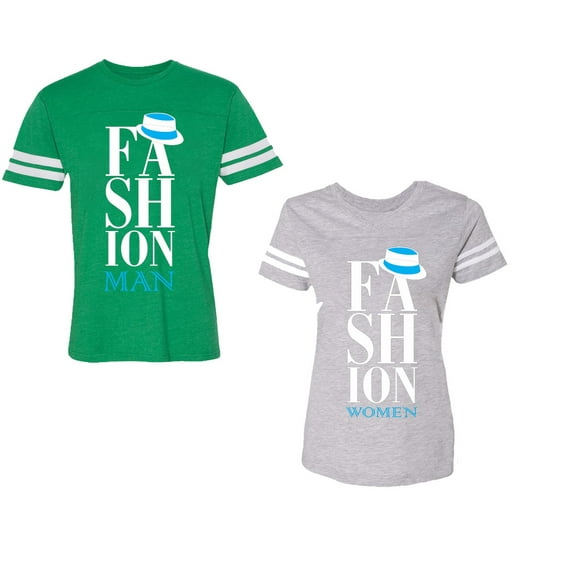 Fashion Man Woman Unisex Couple Matching Cotton Jersey style T-Shirt Contrasting stripes on sleeves (Men Green / Women Heather) (Men XL / Women S)