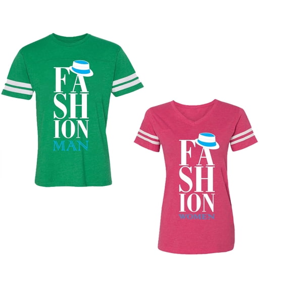 Fashion Man Woman Unisex Couple Matching Cotton Jersey style T-Shirt Contrasting stripes on sleeves (Men Green / Women Pink) (Men XXL / Women XXL)
