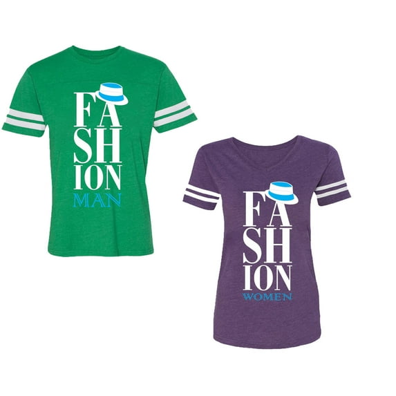 Fashion Man Woman Unisex Couple Matching Cotton Jersey style T-Shirt Contrasting stripes on sleeves (Men Green / Women Purple) (Men XXL / Women S)