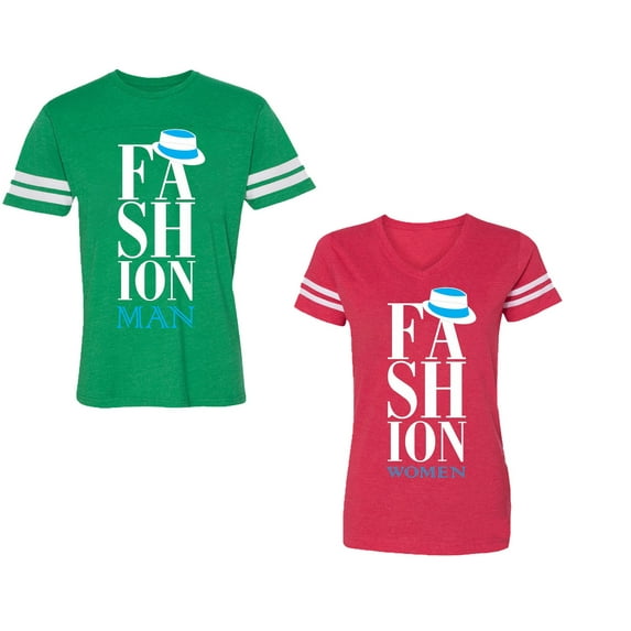 Fashion Man Woman Unisex Couple Matching Cotton Jersey style T-Shirt Contrasting stripes on sleeves (Men Green / Women Red) (Men XL / Women XXL)