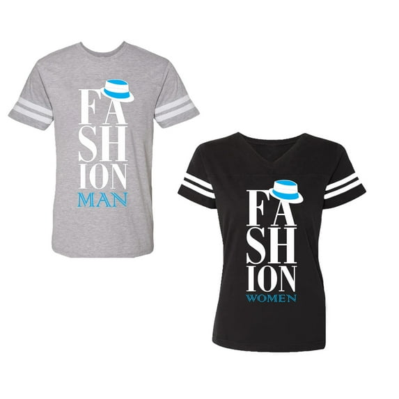 Fashion Man Woman Unisex Couple Matching Cotton Jersey style T-Shirt Contrasting stripes on sleeves (Men Heather / Women Black) (Men S / Women S)