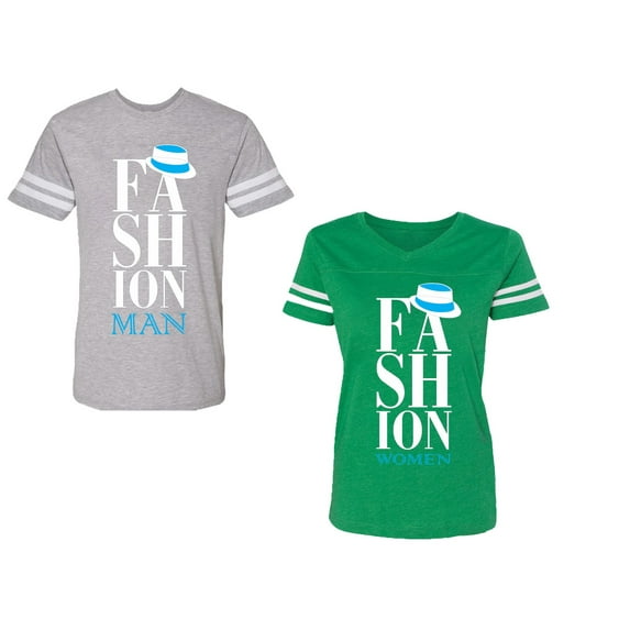 Fashion Man Woman Unisex Couple Matching Cotton Jersey style T-Shirt Contrasting stripes on sleeves (Men Heather / Women Green) (Men XL / Women L)