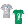 thumbnail image 1 of Fashion Man Woman Unisex Couple Matching Cotton Jersey style T-Shirt Contrasting stripes on sleeves (Men Heather / Women Green) (Men XXL / Women M), 1 of 3