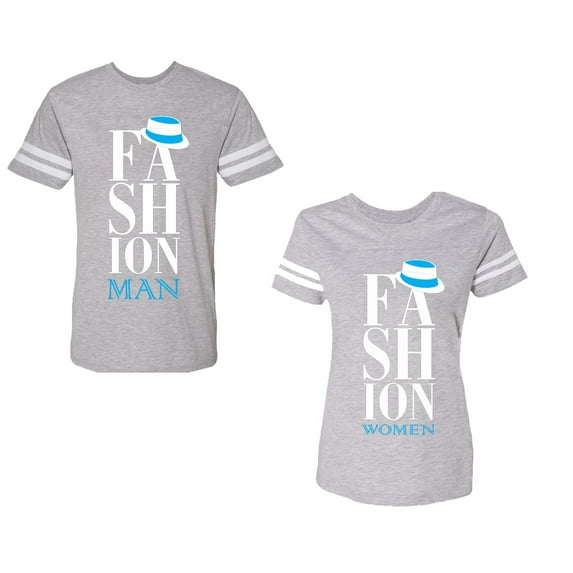 Fashion Man Woman Unisex Couple Matching Cotton Jersey style T-Shirt Contrasting stripes on sleeves (Men Heather / Women Heather) (Men L / Women S)