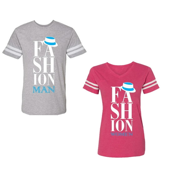 Fashion Man Woman Unisex Couple Matching Cotton Jersey style T-Shirt Contrasting stripes on sleeves (Men Heather / Women Pink) (Men M / Women S)