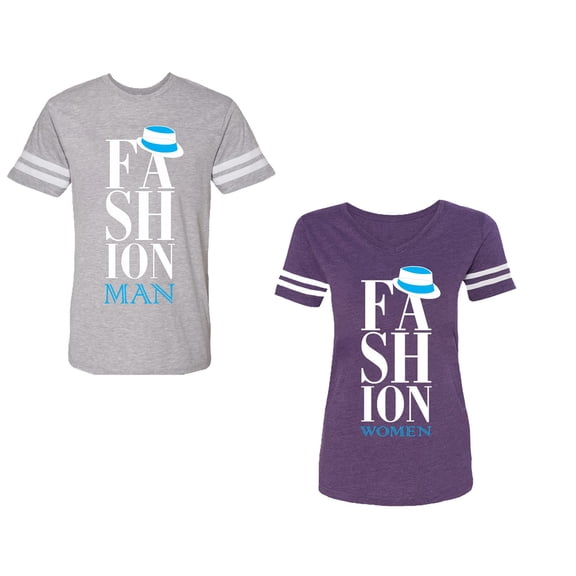 Fashion Man Woman Unisex Couple Matching Cotton Jersey style T-Shirt Contrasting stripes on sleeves (Men Heather / Women Purple) (Men XXL / Women M)