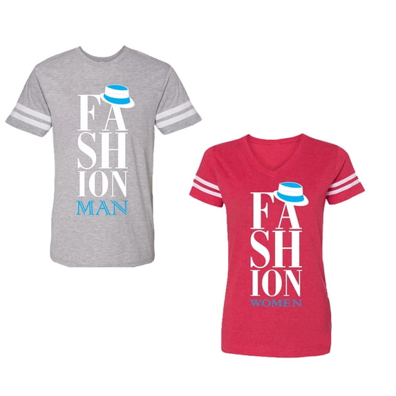 Fashion Man Woman Unisex Couple Matching Cotton Jersey style T-Shirt Contrasting stripes on sleeves (Men Heather / Women Red) (Men XXL / Women S)