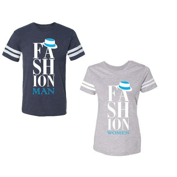 Fashion Man Woman Unisex Couple Matching Cotton Jersey style T-Shirt Contrasting stripes on sleeves (Men Navy / Women Heather) (Men XL / Women XXL)
