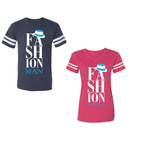 Fashion Man Woman Unisex Couple Matching Cotton Jersey style T-Shirt Contrasting stripes on sleeves (Men Navy / Women Pink) (Men M / Women XL)