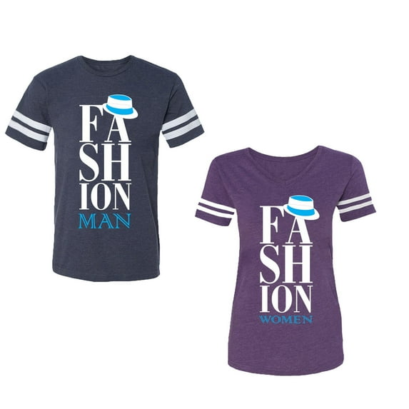 Fashion Man Woman Unisex Couple Matching Cotton Jersey style T-Shirt Contrasting stripes on sleeves (Men Navy / Women Purple) (Men M / Women L)