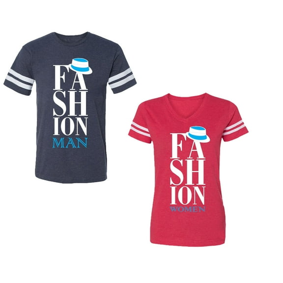 Fashion Man Woman Unisex Couple Matching Cotton Jersey style T-Shirt Contrasting stripes on sleeves (Men Navy / Women Red) (Men XXL / Women XL)