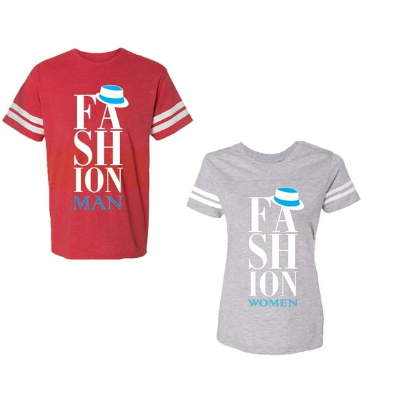 Fashion Man Woman Unisex Couple Matching Cotton Jersey style T-Shirt Contrasting stripes on sleeves (Men Red / Women Heather) (Men S / Women XXL)