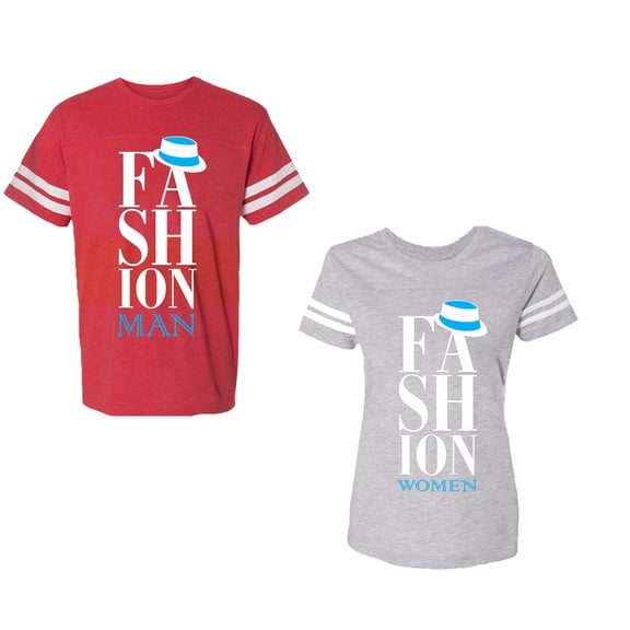 Fashion Man Woman Unisex Couple Matching Cotton Jersey style T-Shirt Contrasting stripes on sleeves (Men Red / Women Heather) (Men XXL / Women M)