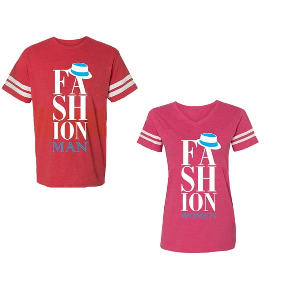 Fashion Man Woman Unisex Couple Matching Cotton Jersey style T-Shirt Contrasting stripes on sleeves (Men Red / Women Pink) (Men XL / Women L)