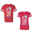 thumbnail image 1 of Fashion Man Woman Unisex Couple Matching Cotton Jersey style T-Shirt Contrasting stripes on sleeves (Men Red / Women Red) (Men L / Women M), 1 of 3