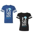 thumbnail image 1 of Fashion Man Woman Unisex Couple Matching Cotton Jersey style T-Shirt Contrasting stripes on sleeves (Men Royal / Women Black) (Men S / Women S), 1 of 3