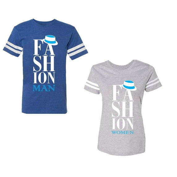 Fashion Man Woman Unisex Couple Matching Cotton Jersey style T-Shirt Contrasting stripes on sleeves (Men Royal / Women Heather) (Men XXL / Women XXL)