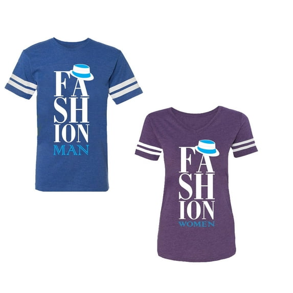 Fashion Man Woman Unisex Couple Matching Cotton Jersey style T-Shirt Contrasting stripes on sleeves (Men Royal / Women Purple) (Men L / Women XL)