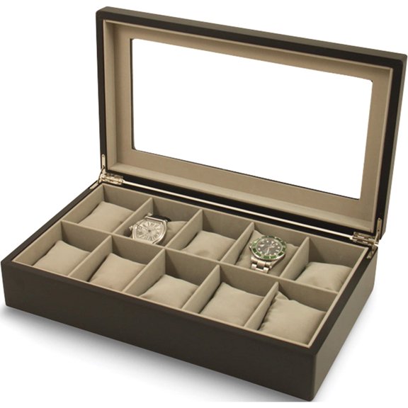 Fashion Matte Black Wood 10 Watch Box With Glass Top (14.25 X 8.5) Made In China gm13153