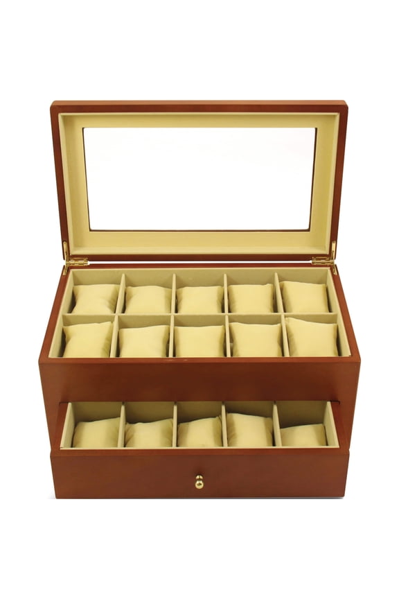 Fashion Matte Cherry Finish Glass Lid 1-Drawer Wooden 20-Watch Box (14.25 X 8.5) Made In China gm13156