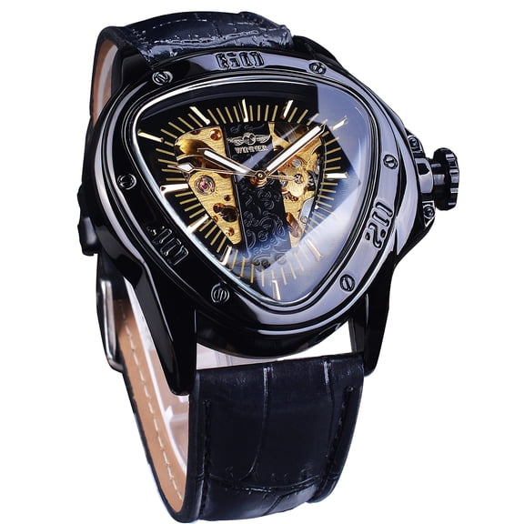 Fashion Mechanical Wrist Watch Triangle Racing Dial, Waterproof Golden Skeleton Dial Automatic Movement Leather Design Mechanical Watch for Men