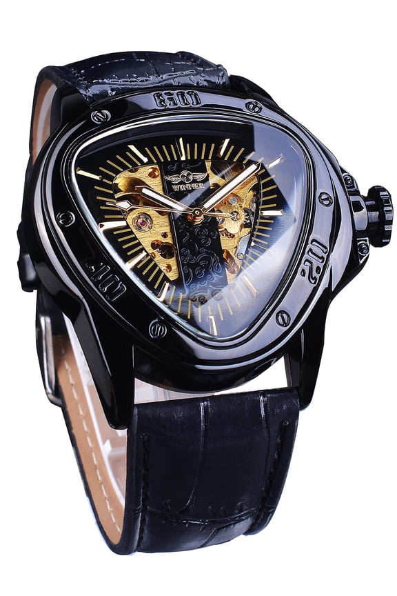 Fashion Mechanical Wrist Watch Triangle Racing Dial, Waterproof Golden Skeleton Dial Automatic Movement Leather Design Mechanical Watch for Men
