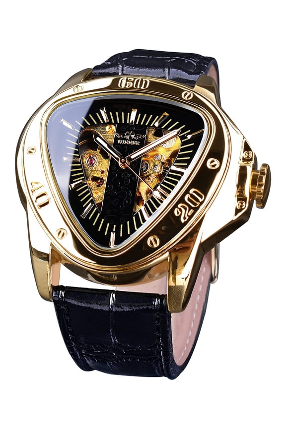 Fashion Mechanical Wrist Watch Triangle Racing Dial, Waterproof Golden Skeleton Dial Automatic Movement Leather Design Mechanical Watch for Men